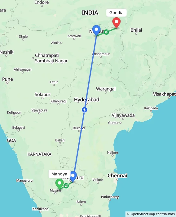 Route map showing distance and travel time from Mandya, India to Gondia, India