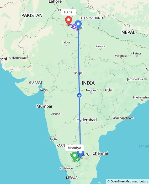 Route map showing distance and travel time from Mandya, India to Hansi, India