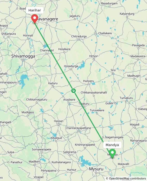 Route map showing distance and travel time from Mandya, India to Harihar, India
