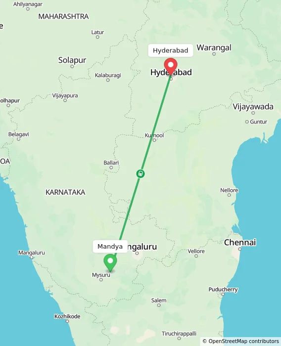 Route map showing distance and travel time from Mandya, India to Hyderabad, India