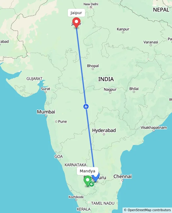 Route map showing distance and travel time from Mandya, India to Jaipur, India