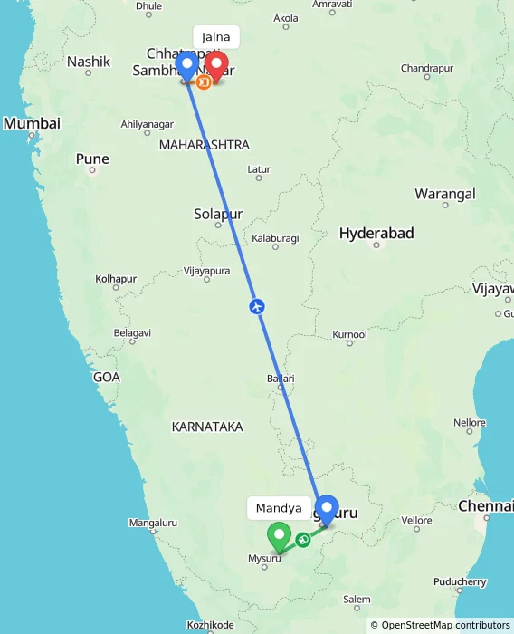 Route map showing distance and travel time from Mandya, India to Jalna, India
