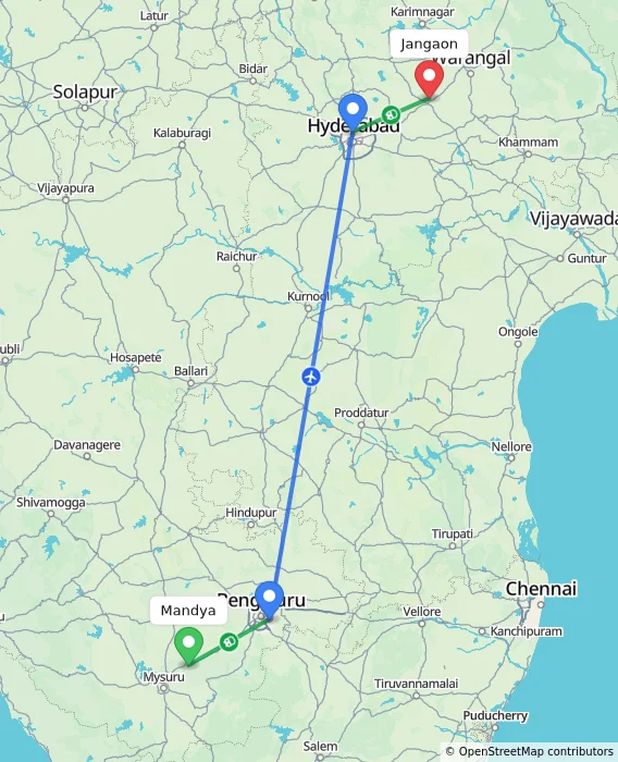 Route map showing distance and travel time from Mandya, India to Jangaon, India
