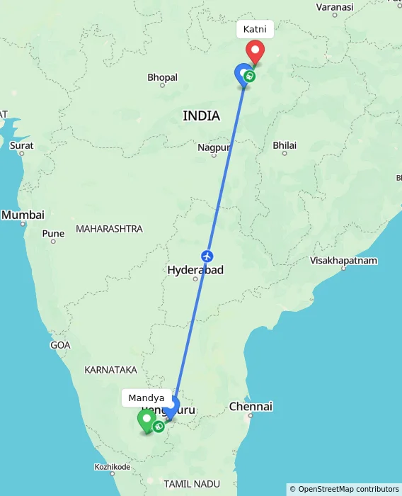 Route map showing distance and travel time from Mandya, India to Katni, India
