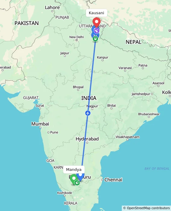 Route map showing distance and travel time from Mandya, India to Kausani, India