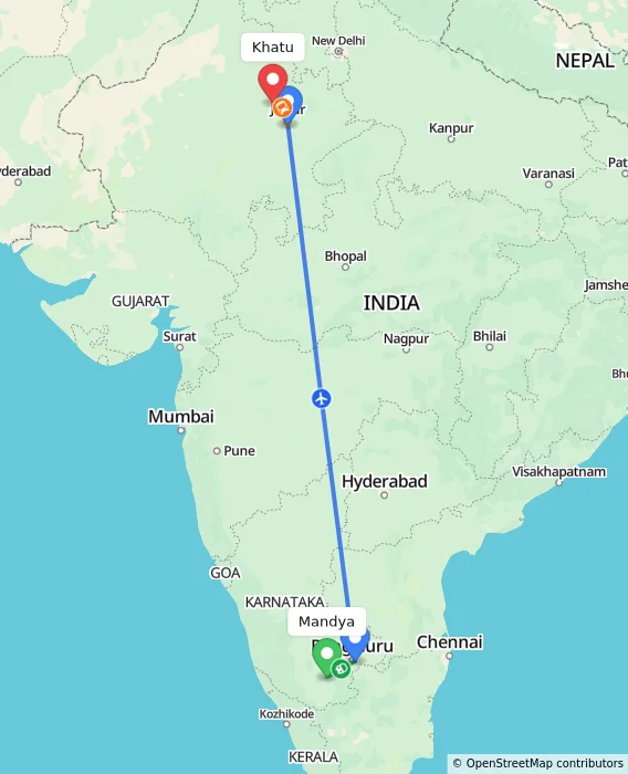 Route map showing distance and travel time from Mandya, India to Khatu, India