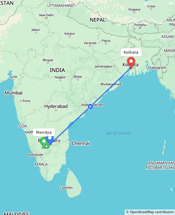Route map showing distance and travel time from Mandya, India to Kolkata, India