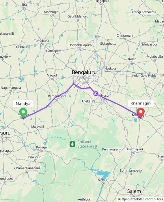 Route map showing distance and travel time from Mandya, India to Krishnagiri, India