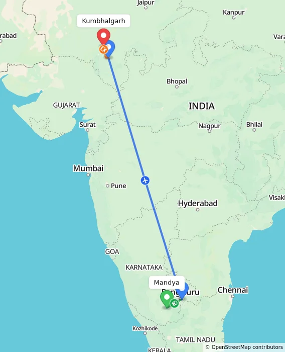 Route map showing distance and travel time from Mandya, India to Kumbhalgarh, India