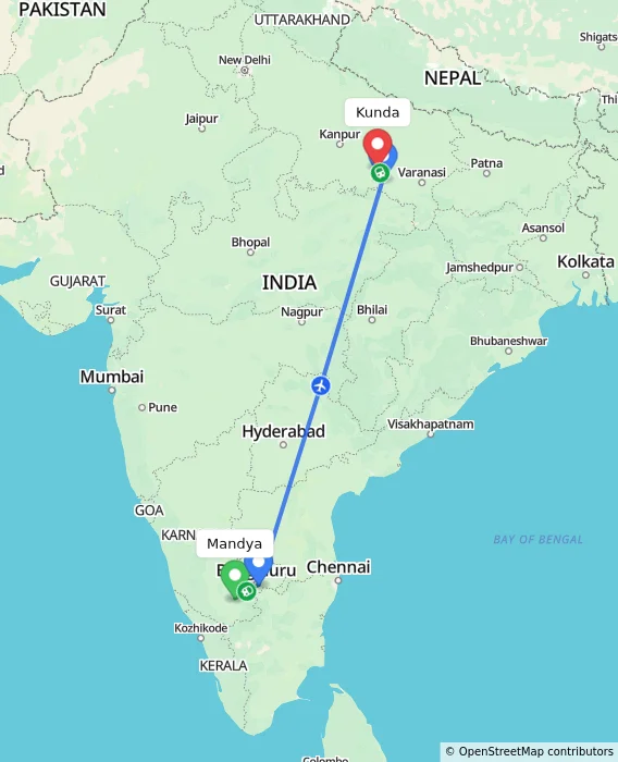 Route map showing distance and travel time from Mandya, India to Kunda, India