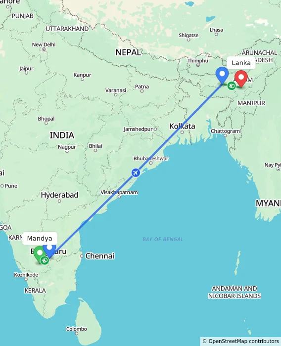 Route map showing distance and travel time from Mandya, India to Lanka, India