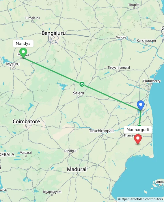 Route map showing distance and travel time from Mandya, India to Mannargudi, India