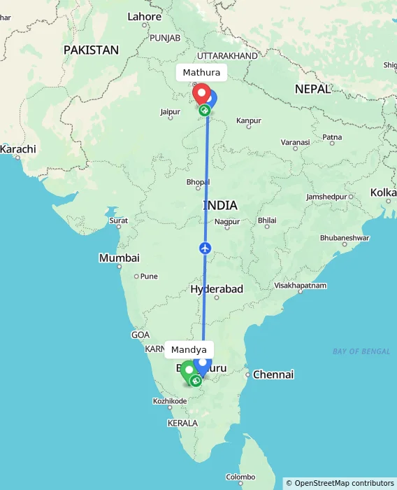 Route map showing distance and travel time from Mandya, India to Mathura, India