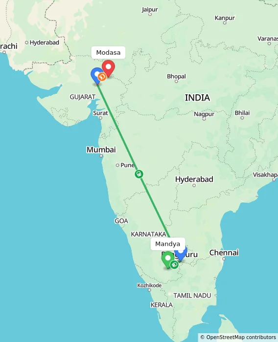 Route map showing distance and travel time from Mandya, India to Modasa, India