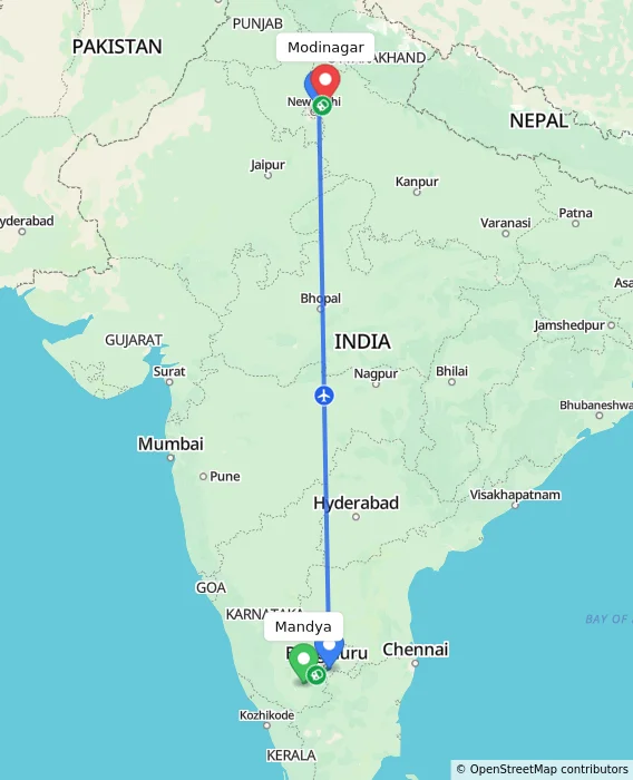 Route map showing distance and travel time from Mandya, India to Modinagar, India
