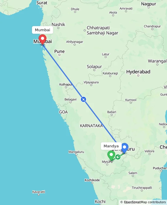 Route map showing distance and travel time from Mandya, India to Mumbai, India
