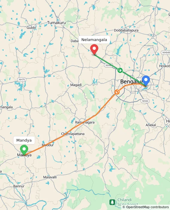 Route map showing distance and travel time from Mandya, India to Nelamangala, India