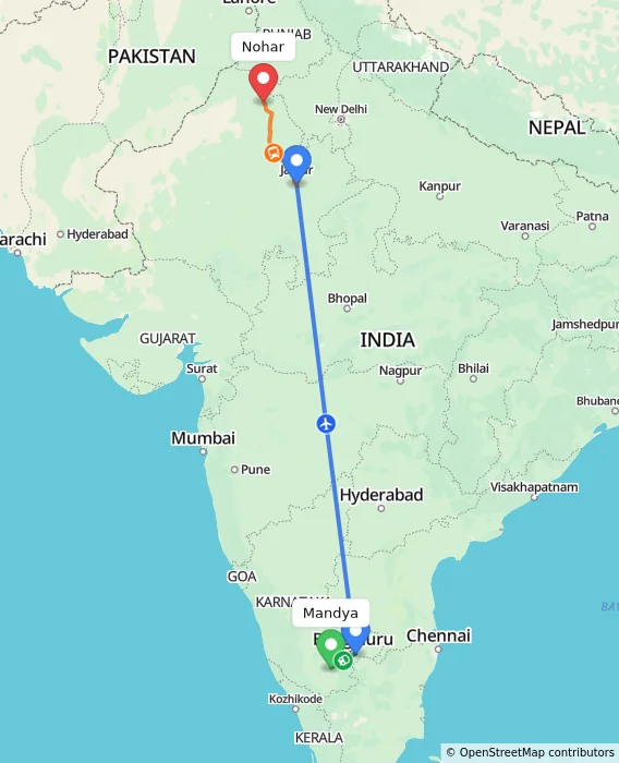 Route map showing distance and travel time from Mandya, India to Nohar, India
