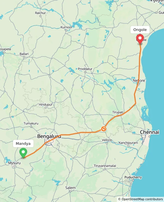 Route map showing distance and travel time from Mandya, India to Ongole, India