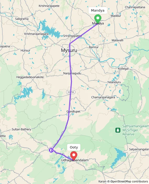 Route map showing distance and travel time from Mandya, India to Ooty, India