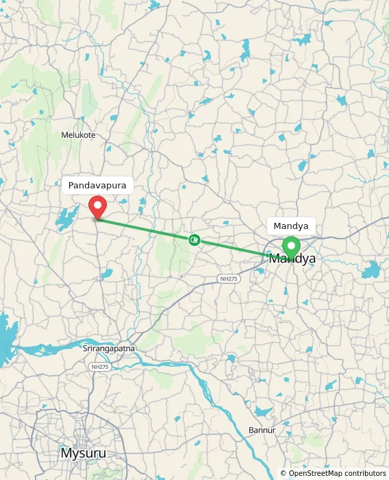 Route map showing distance and travel time from Mandya, India to Pandavapura, India