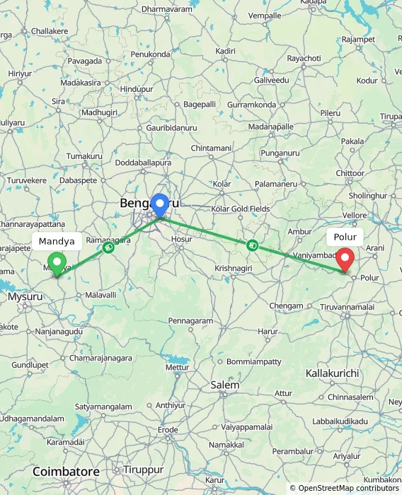Route map showing distance and travel time from Mandya, India to Polur, India