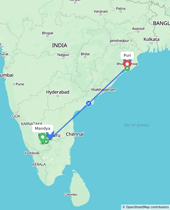 Route map showing distance and travel time from Mandya, India to Puri, India