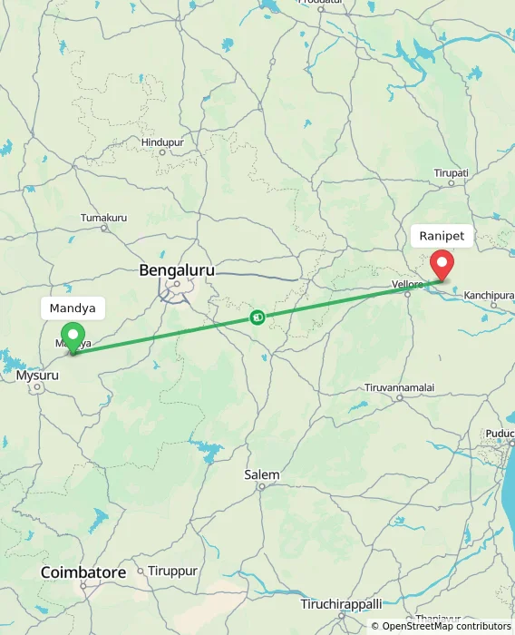 Route map showing distance and travel time from Mandya, India to Ranipet, India