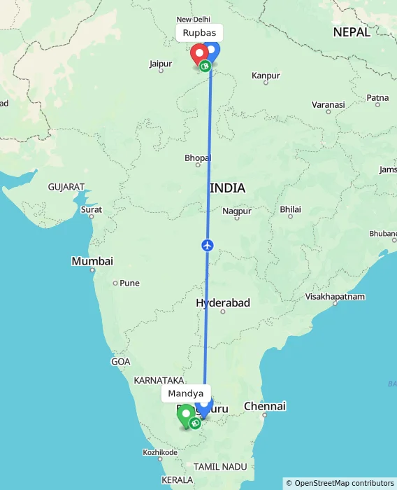 Route map showing distance and travel time from Mandya, India to Rupbas, India
