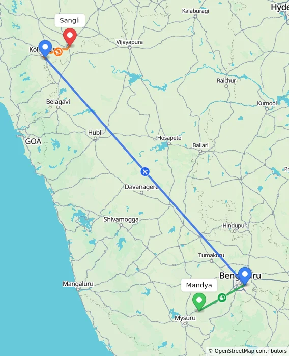 Route map showing distance and travel time from Mandya, India to Sangli, India