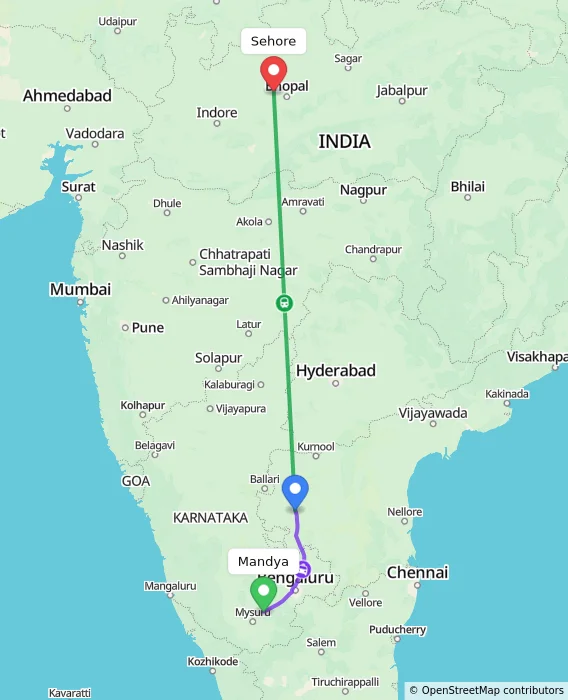 Route map showing distance and travel time from Mandya, India to Sehore, India