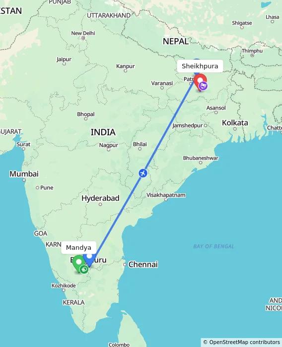 Route map showing distance and travel time from Mandya, India to Sheikhpura, India