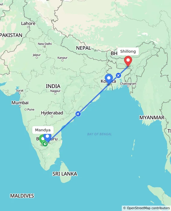 Route map showing distance and travel time from Mandya, India to Shillong, India
