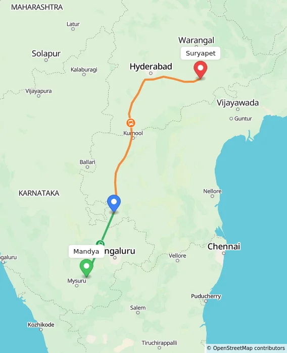 Route map showing distance and travel time from Mandya, India to Suryapet, India