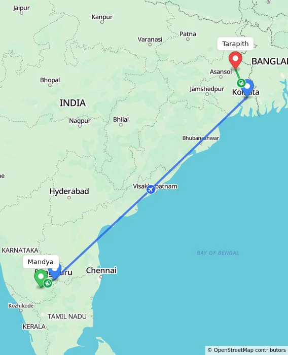 Route map showing distance and travel time from Mandya, India to Tarapith, India