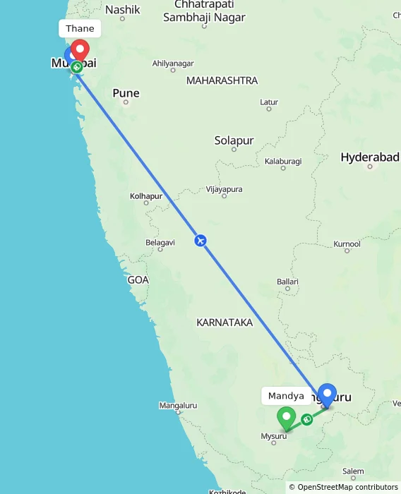 Route map showing distance and travel time from Mandya, India to Thane, India
