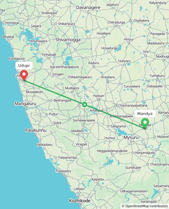 Route map showing distance and travel time from Mandya, India to Udupi, India