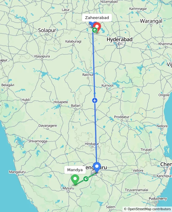 Route map showing distance and travel time from Mandya, India to Zaheerabad, India