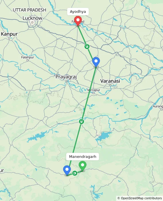 Route map showing distance and travel time from Manendragarh, India to Ayodhya, India
