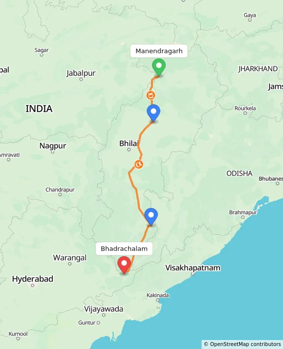 Route map showing distance and travel time from Manendragarh, India to Bhadrachalam, India