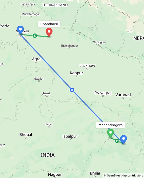 Route map showing distance and travel time from Manendragarh, India to Chandausi, India