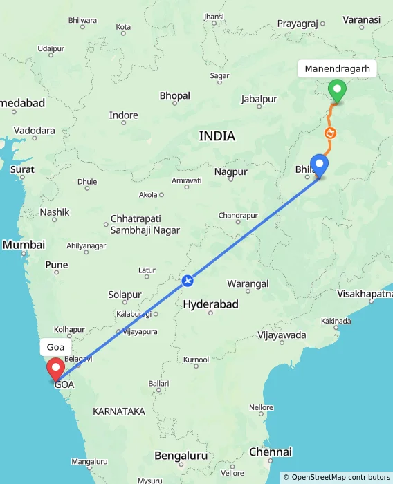 Route map showing distance and travel time from Manendragarh, India to Goa, India