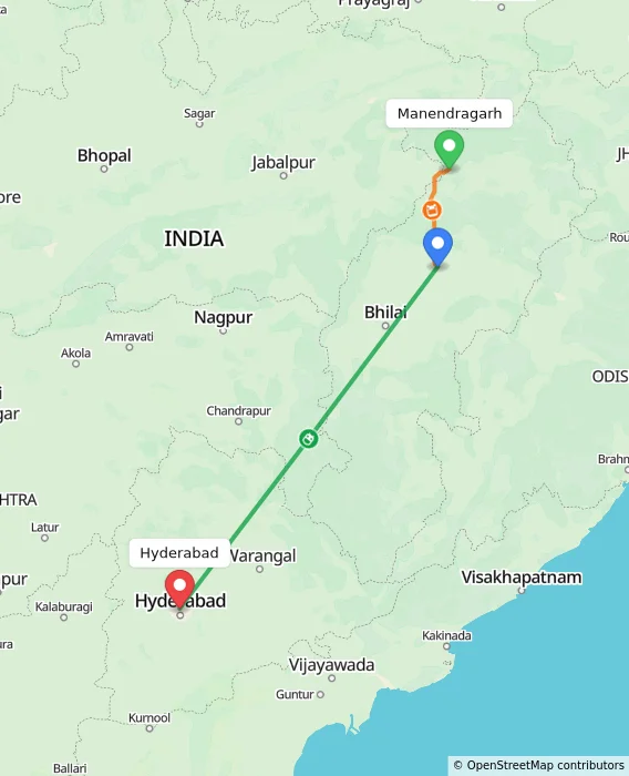 Route map showing distance and travel time from Manendragarh, India to Hyderabad, India