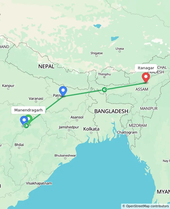 Route map showing distance and travel time from Manendragarh, India to Itanagar, India