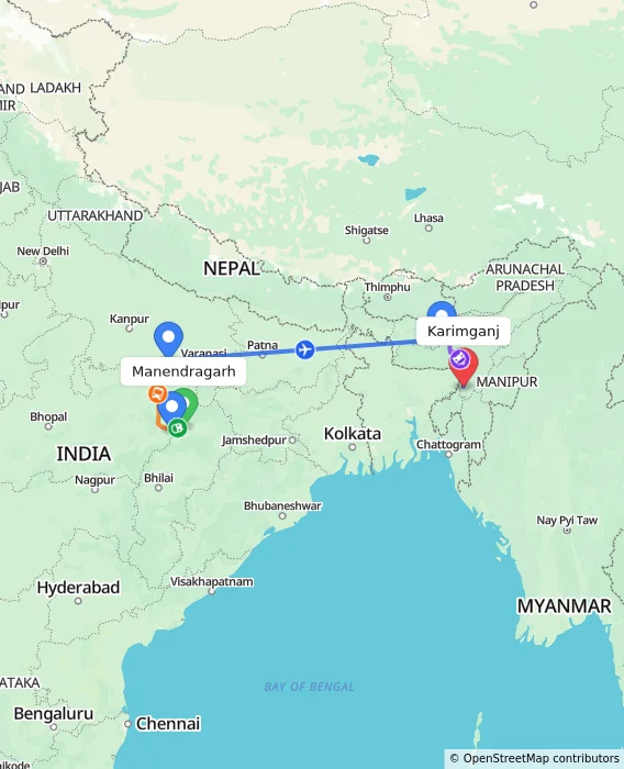 Route map showing distance and travel time from Manendragarh, India to Karimganj, India
