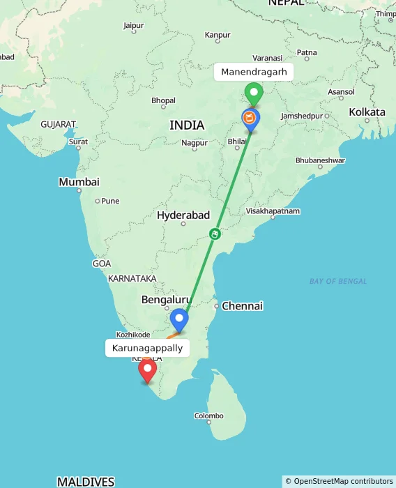 Route map showing distance and travel time from Manendragarh, India to Karunagappally, India