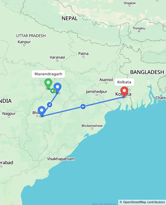 Route map showing distance and travel time from Manendragarh, India to Kolkata, India