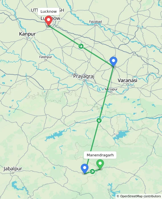 Route map showing distance and travel time from Manendragarh, India to Lucknow, India