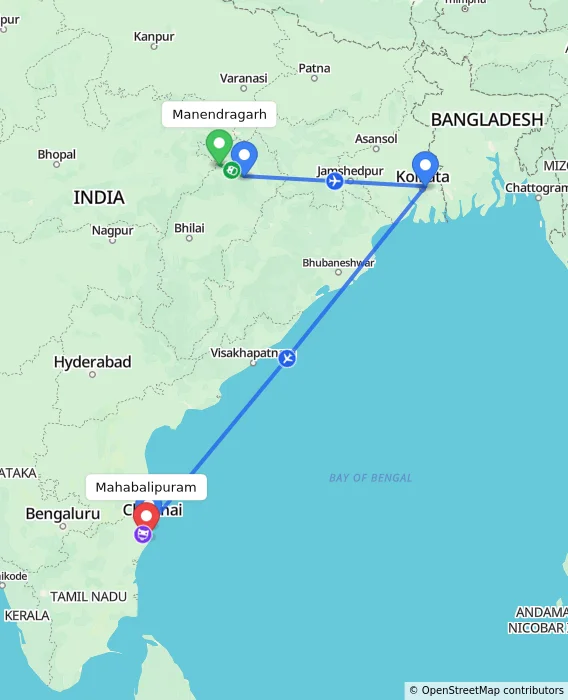 Route map showing distance and travel time from Manendragarh, India to Mahabalipuram, India