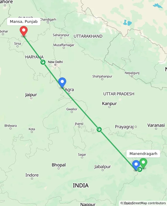 Route map showing distance and travel time from Manendragarh, India to Mansa, Punjab, India